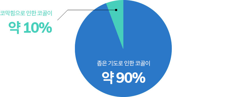 좁은 기도로 인한 코골이 약 90%